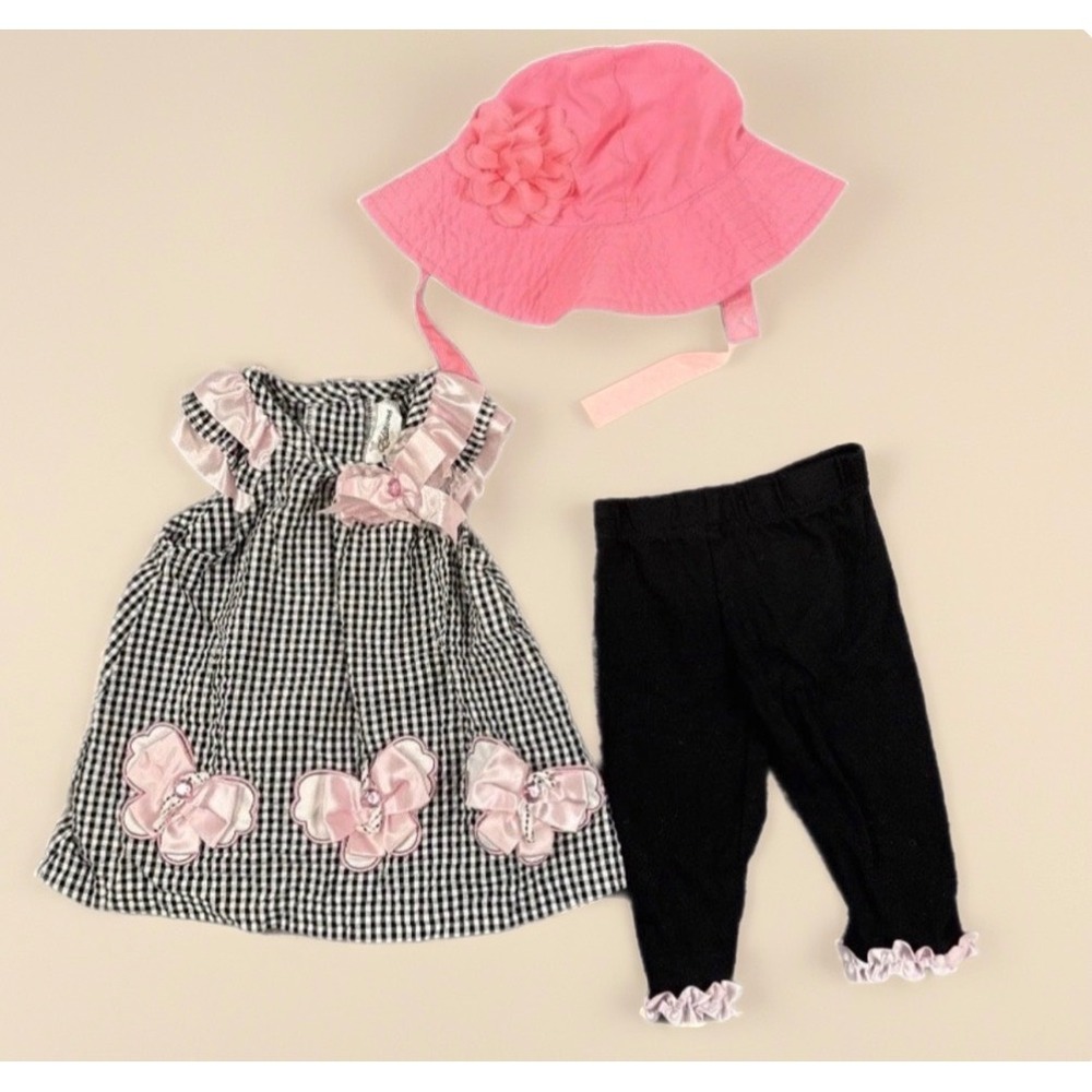 Rare Editions Gingham Top Leggings Carter's Hat BabyGirl 6M Pink Black Butterfly